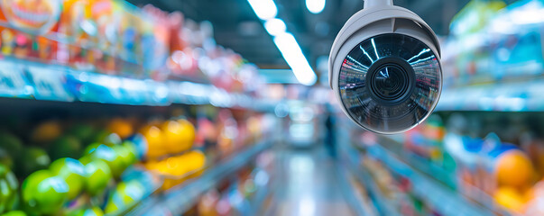 Security Camerain on a supermarket with blurred background with copy space.