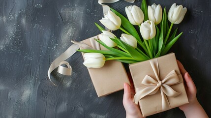 Child's hands hold photorealistic gift box with tulips for Happy Mother's Day.
