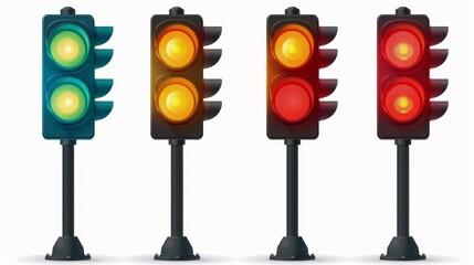 Red, green, and yellow colors changing on stoplights to control road movement, stop and go signs. Flat modern illustrations on white background. - obrazy, fototapety, plakaty