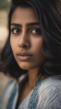 Close up of a young woman of South Asian descent looking contemplativ