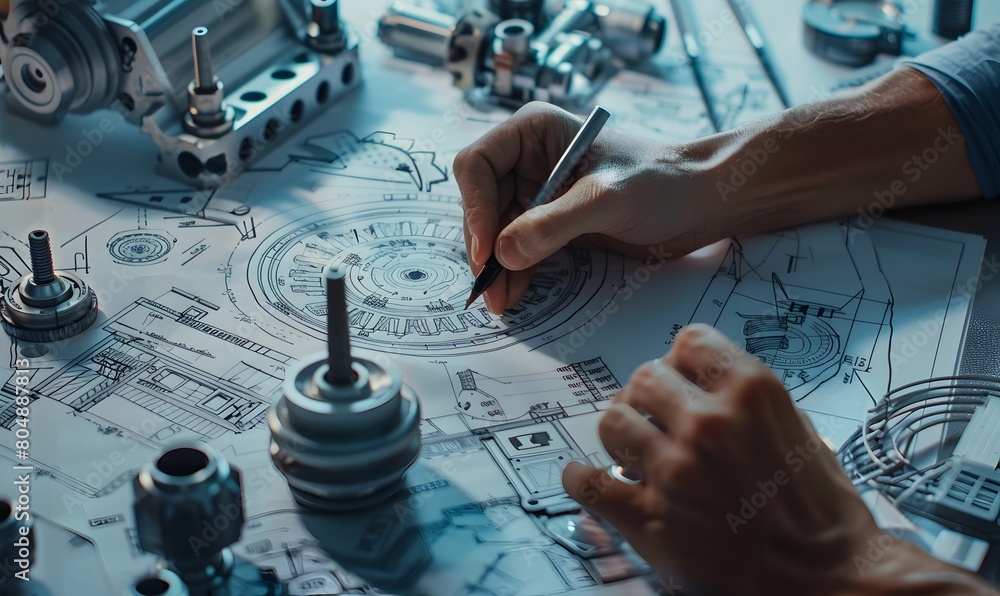 Poster mechanical engineer drafting technical design schematic on blueprint workspace