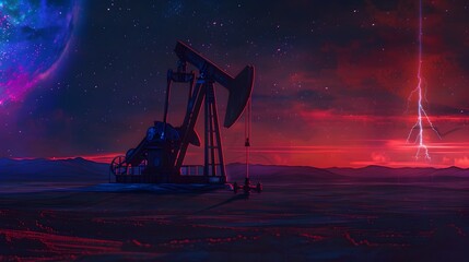 Surreal Cosmic Oil Extraction at Dusk Fantasy Futuristic Landscape with Dramatic Lighting and Night Sky
