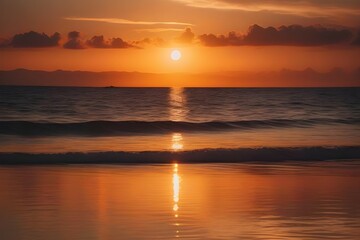 Obraz premium Serene beach sunset with gentle ocean waves, yellow and golden sky, perfect for themes of peace, nature and travel. generative ai