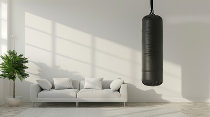 A large punching bag (samsak) is hung in a minimalist living room, the background is clean white walls, Ai generated Images