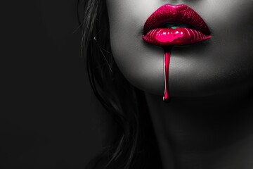 A close up of a woman face in grey style. black and white portrait of a girl with red lips and dripping red liquid of her mouth.