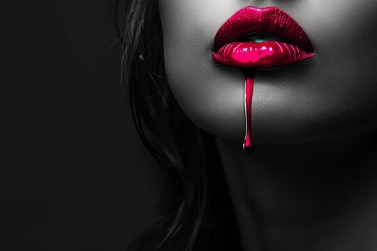 A close up of a woman face in grey style. black and white portrait of a girl with red lips and dripping red liquid of her mouth.