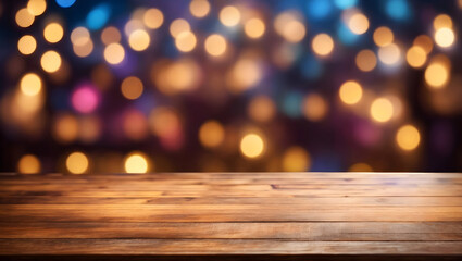 Image of empty wooden table in front of abstract blurred bokeh lights background