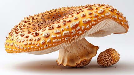 Autumn forest seasonal fungi food with pits, holes. Flat graphic modern illustration isolated on white of brown morel mushroom. Morchella elata, edible fungus with honeycomb cap, stalk. - obrazy, fototapety, plakaty