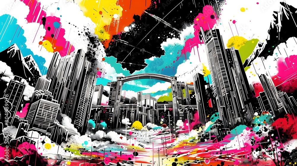 Poster vibrant futuristic cityscape with exploding colors and dynamic architectural elements
