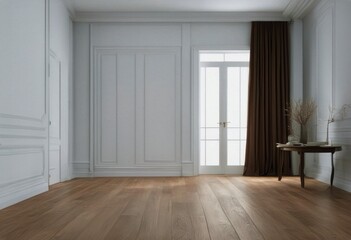 blank mock-up brown room Modern 3D white floor empty illustration curtain space empty | room interior wall wood White living door