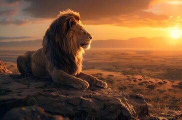 Majestic Lion Overlooking Breathtaking African Savanna Landscape at Sunset