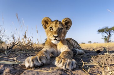 Curious Young Lion Cub Resting Peacefully in Grassy African Landscape
