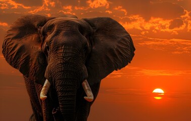 Majestic Elephant Silhouette Against Dramatic Sunset Landscape in African Savanna
