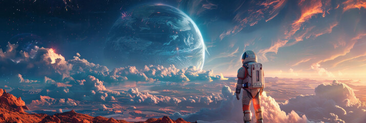 An astronaut standing on an alien planet, gazing at the horizon with Earth visible in space, bathed in dynamic lighting that casts dramatic shadows and highlights.