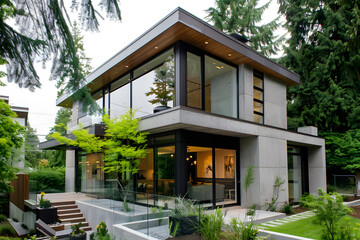 Fototapeta premium Modern contemporary illuminated house design exterior. Luxurious new construction home with panoramic windows, pool, patio