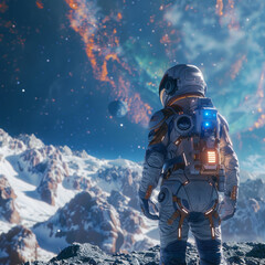 An astronaut standing on an alien planet, gazing at the vast universe with distant stars and nebulae in view, against a background featuring rugged terrain with rock formations.