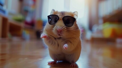 A small hamster standing on its hind legs while wearing sunglasses