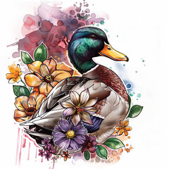 Duck Mallard in Floral Surrealism Abstract Imagery Professional Commercial Animal Portraits High Detail Artistic Design Flower Arrangements Watercolor