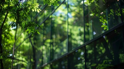 Fototapeta premium A close view of a glass wall reflecting the lush trees in the background