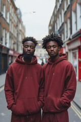 Fototapeta premium Two young people wearing plain maroon hoodies, walking on the streets.