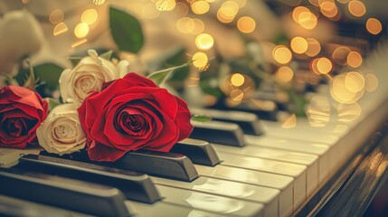 Three red roses placed delicately on top of a grand piano, with sheet music in the background
