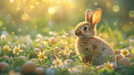 A cute easter bunny standing in the grass with easter eggs, spring flowers, soft light, and pastel colors, with the scene having a cinematic style with sun rays.