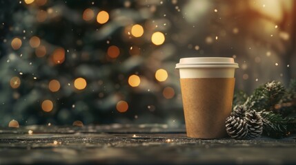 A paper coffee cup sitting on a wooden table against the background of a Christmas tree