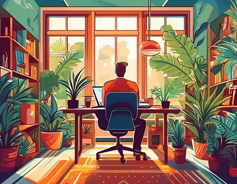 Cozy home office illustration with a man amidst potted plants, fostering a relaxed ambiance amidst familiar surroundings, ideal for comfortable and focused remote work