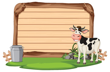 Illustration of a cow beside a wooden signboard.