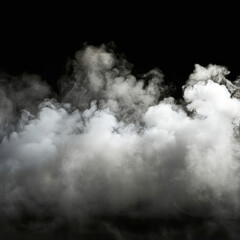 Abstract white smoke on a black background, forming a dark scene with fog, a cloud of vapor or mist, and a banner with a copy space area.