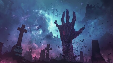 Creepy zombie hand clawing out of a graveyard with gothic gravestones, ethereal fog, and dim moonlight, perfect for a Halloween banner