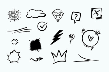 Collection of doodle hand drawn elements. Love, lightning and stars.