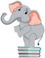 Cute elephant standing on a stack of colorful books.