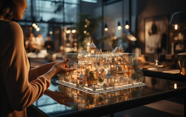 Obraz premium Woman examining city model. Generative AI