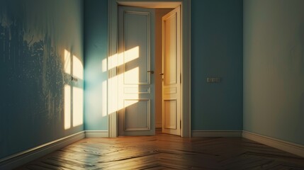 Conceptual shot of an elegant door ajar, revealing a bright, inviting light, metaphor for approved access to success