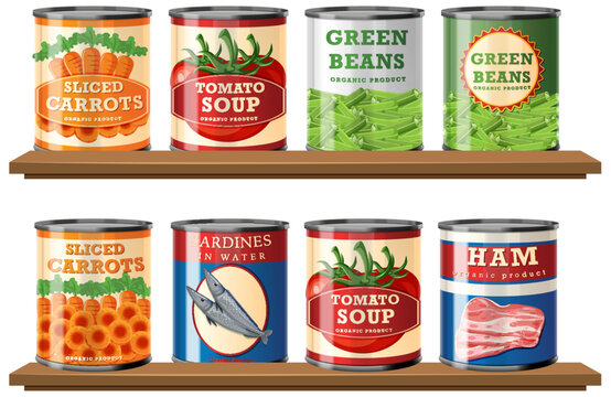 Colorful canned vegetables and meats on shelves.