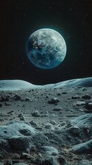 A blue planet from the moon's surface, providing an epic, cinematic scene.