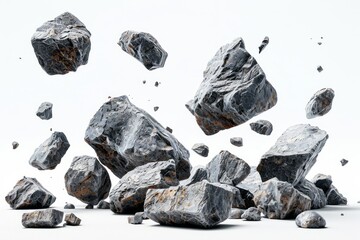 Floating rocks, falling stones from the sky, and broken rocks, in a 3d render against a white background.