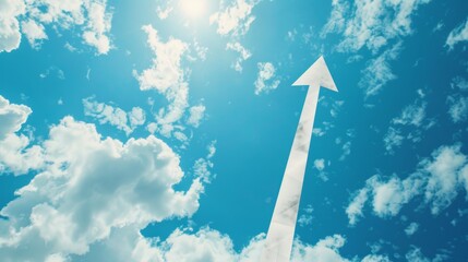 Bold white paper arrow soaring across a blue sky background, metaphor for achieving business goals and career milestones