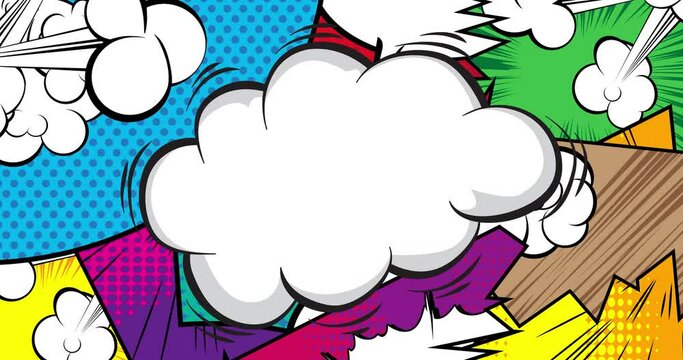 White Speech Bubble on Abstract background animation in pop art, comics style. Retro manga cartoon backdrop. Comic book elements moving.