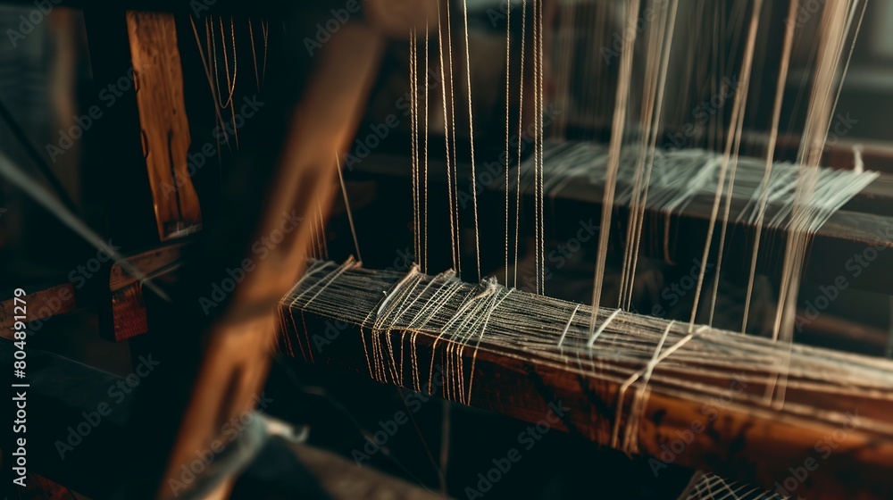 Poster close-up of a weaver's loom with intricate pattern, detailed threads, focused, ambient workshop ligh