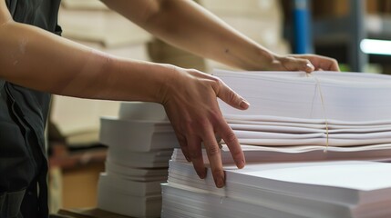 Obraz premium Worker stacking finished paper products, close view of hands and stack, clear focus, warehouse light.