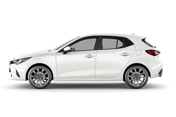 Side view of white hatchback car is isolated on white background. Generative Ai - obrazy, fototapety, plakaty