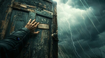 A weathered hand knocking on an old, battered door labeled 'Failure', under a stormy sky, symbolic, metaphorical representation