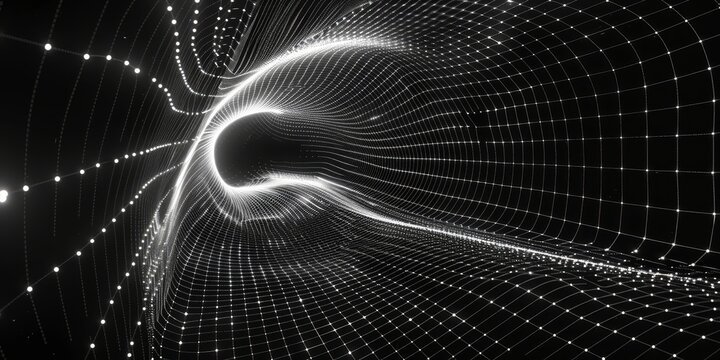 A tunnel made of white dots network in the style of 3D render, black hole or wormhole teleport.	