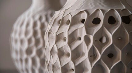 3D printing of ceramic vases, close-up on layering clay, intricate texture visible, soft, warm light. 