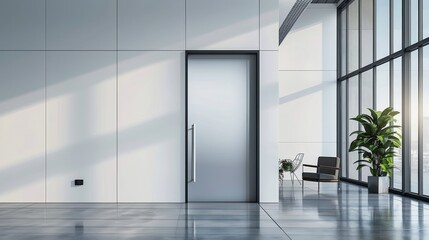 A sleek, modern door opening to a high-tech office environment, illustrating the threshold to corporate success and growth