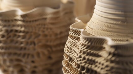 3D printing of ceramic vases, close-up on layering clay, intricate texture visible, soft, warm light.
