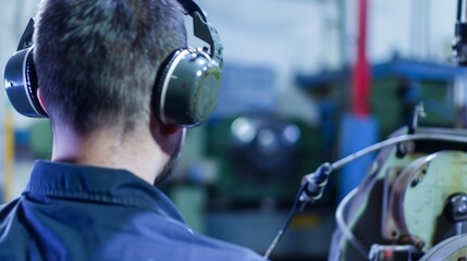 Technician wearing ear protection near loud machinery, close view of ear muffs and machinery, detailed focus.  - obrazy, fototapety, plakaty