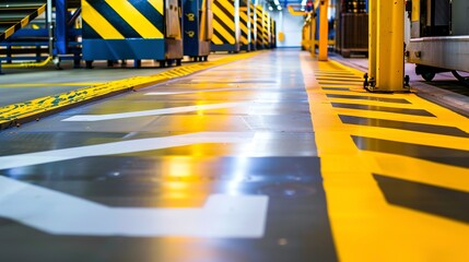 Close-up of anti-slip floor markings in a production area, vibrant colors, clear detail, factory...